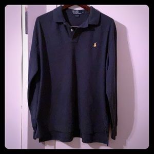 Men’s grey-blue long sleeve polo.